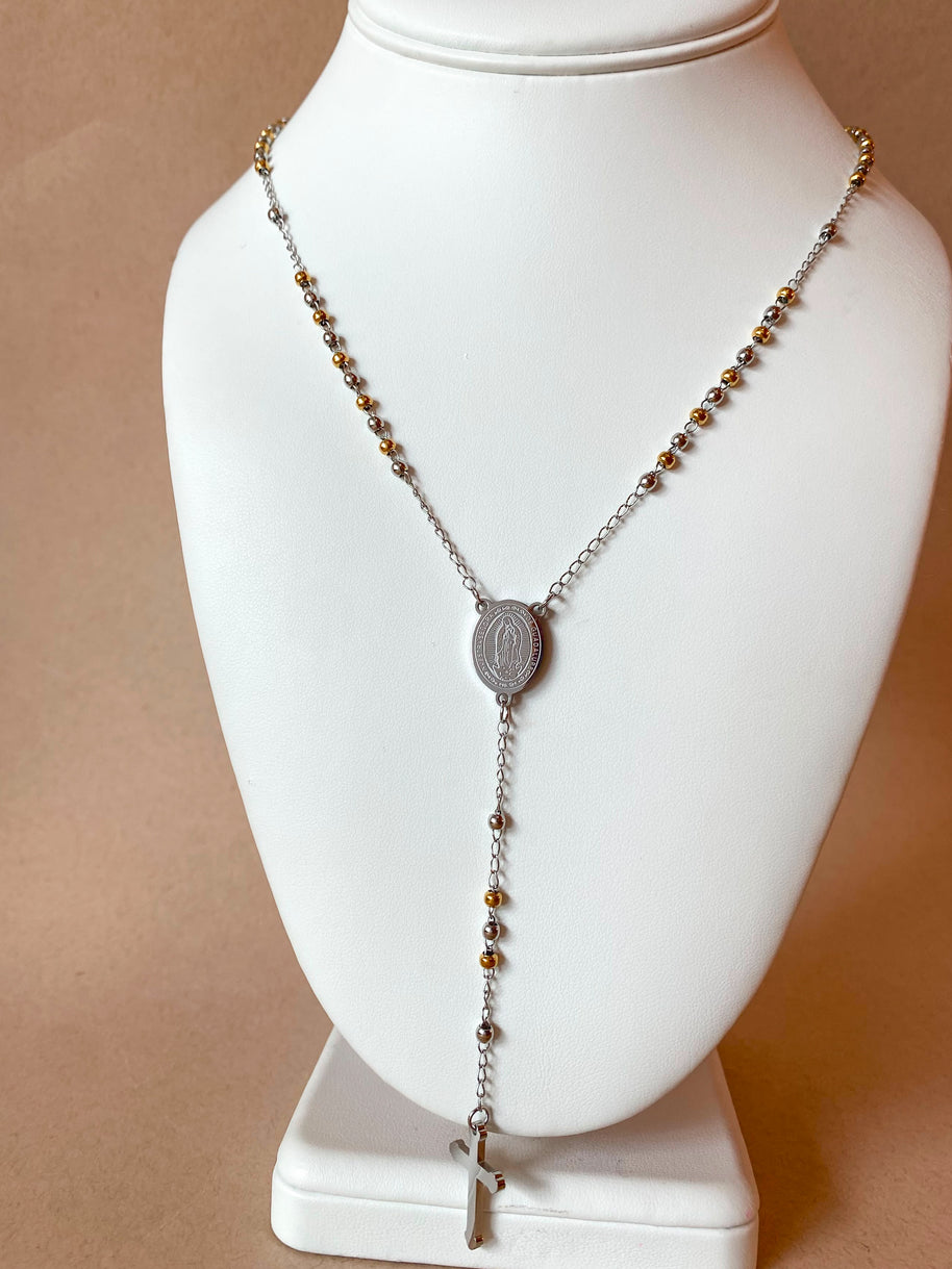 Guadalupe Virgin Medal 2 Gold Steel Rosary Necklace