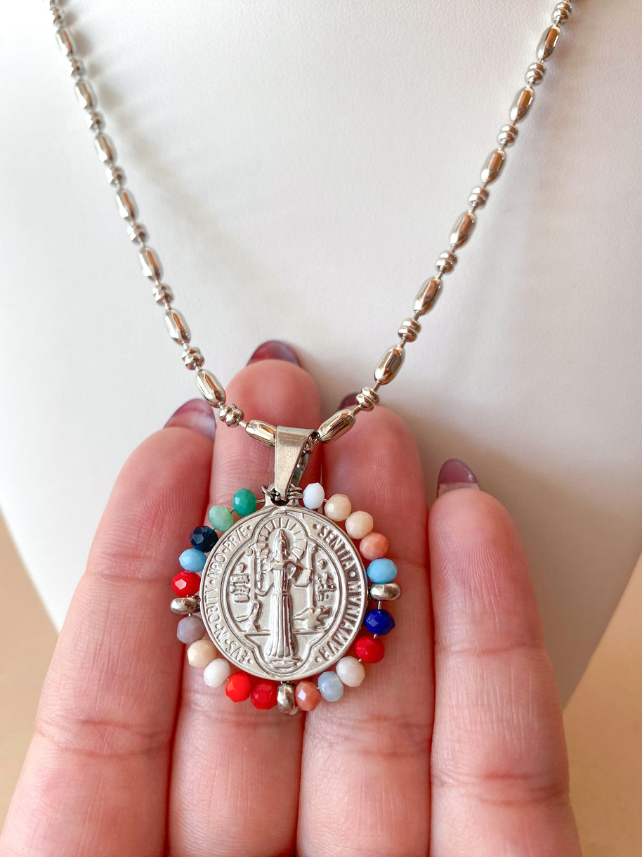 Silver St. Benedict Crystal Medal Necklaces