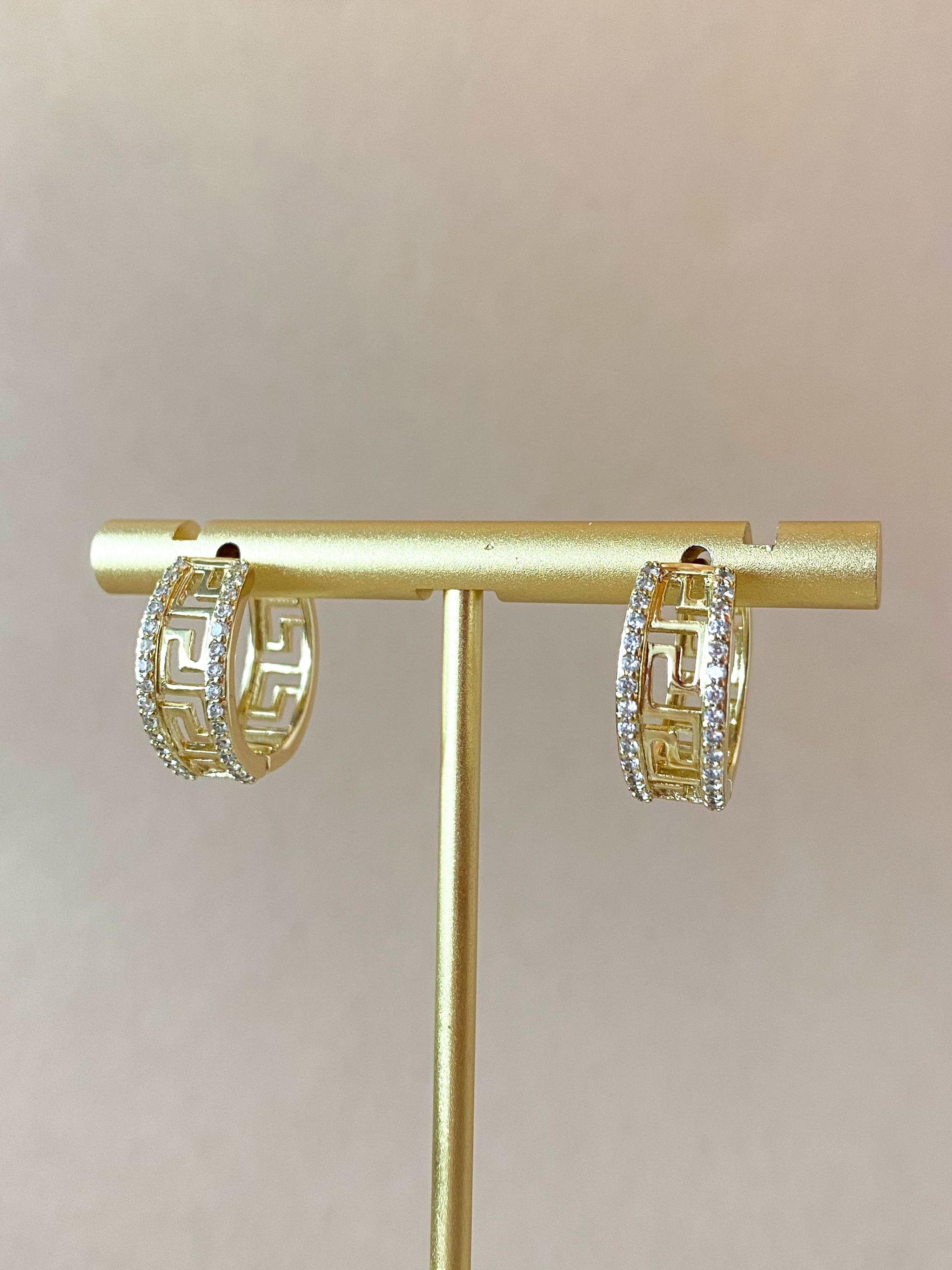 Greek Style Pattern Crystal Golden Hoops