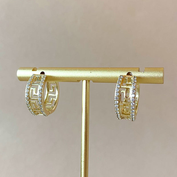 Greek Style Pattern Crystal Golden Hoops