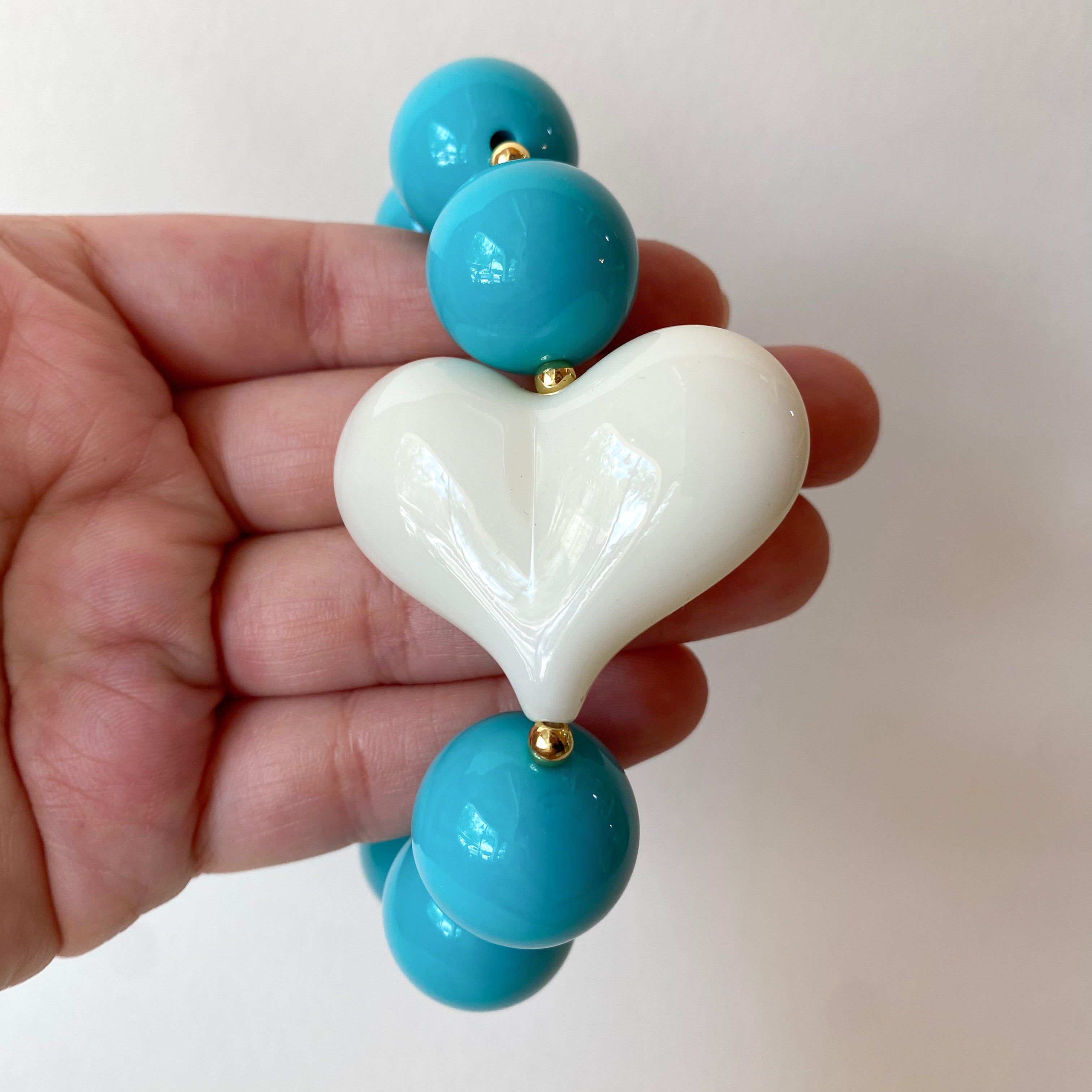 Acrylic Turquoise Gumball Bead with White Heart Bracelet