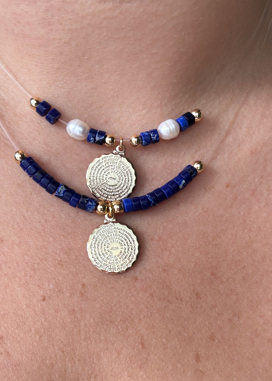 2 Styles of Our Father Pearls and Lapislazuli Ghost Necklace