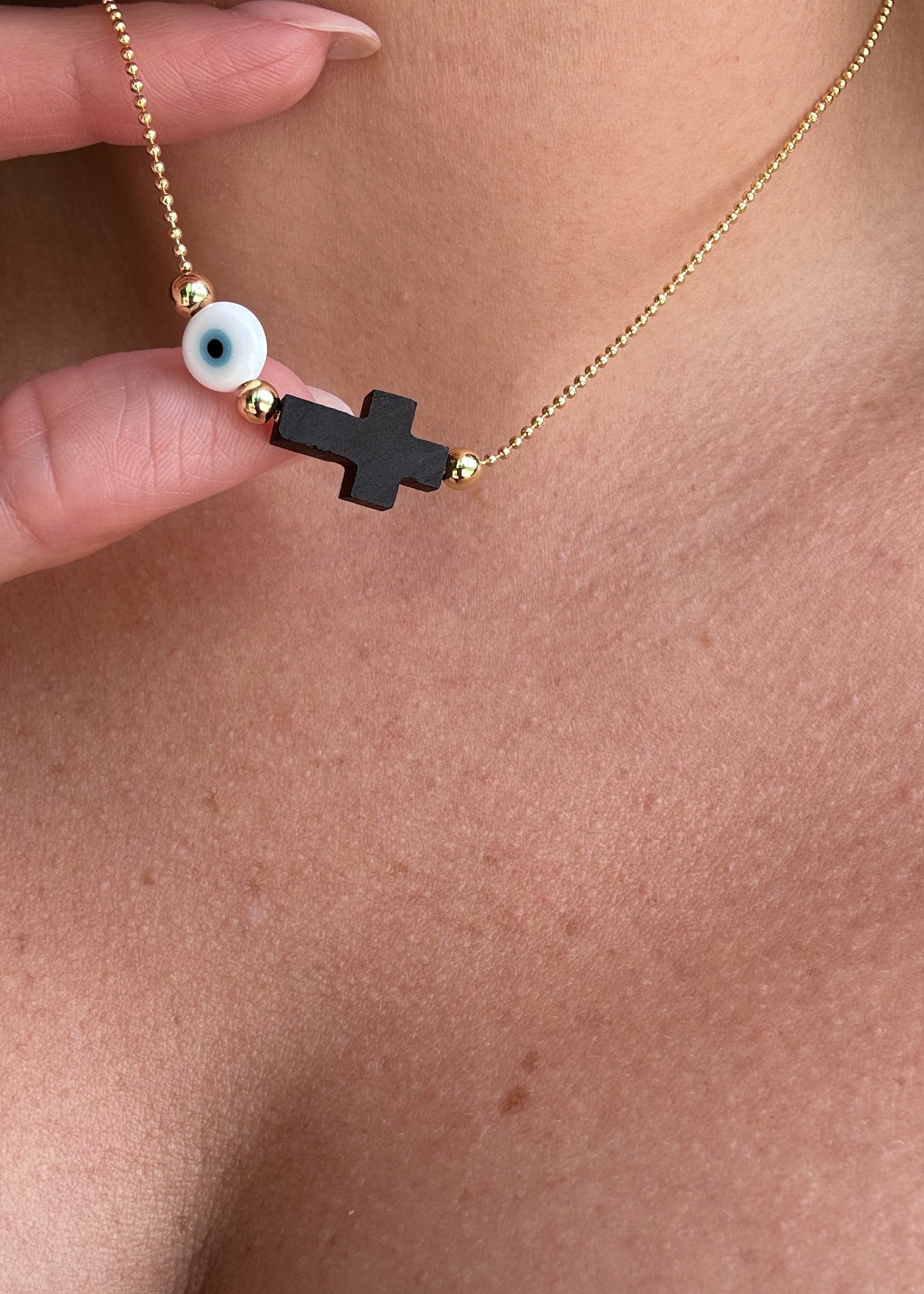 Evil Eye and Cross Azabache Adjustable Necklace