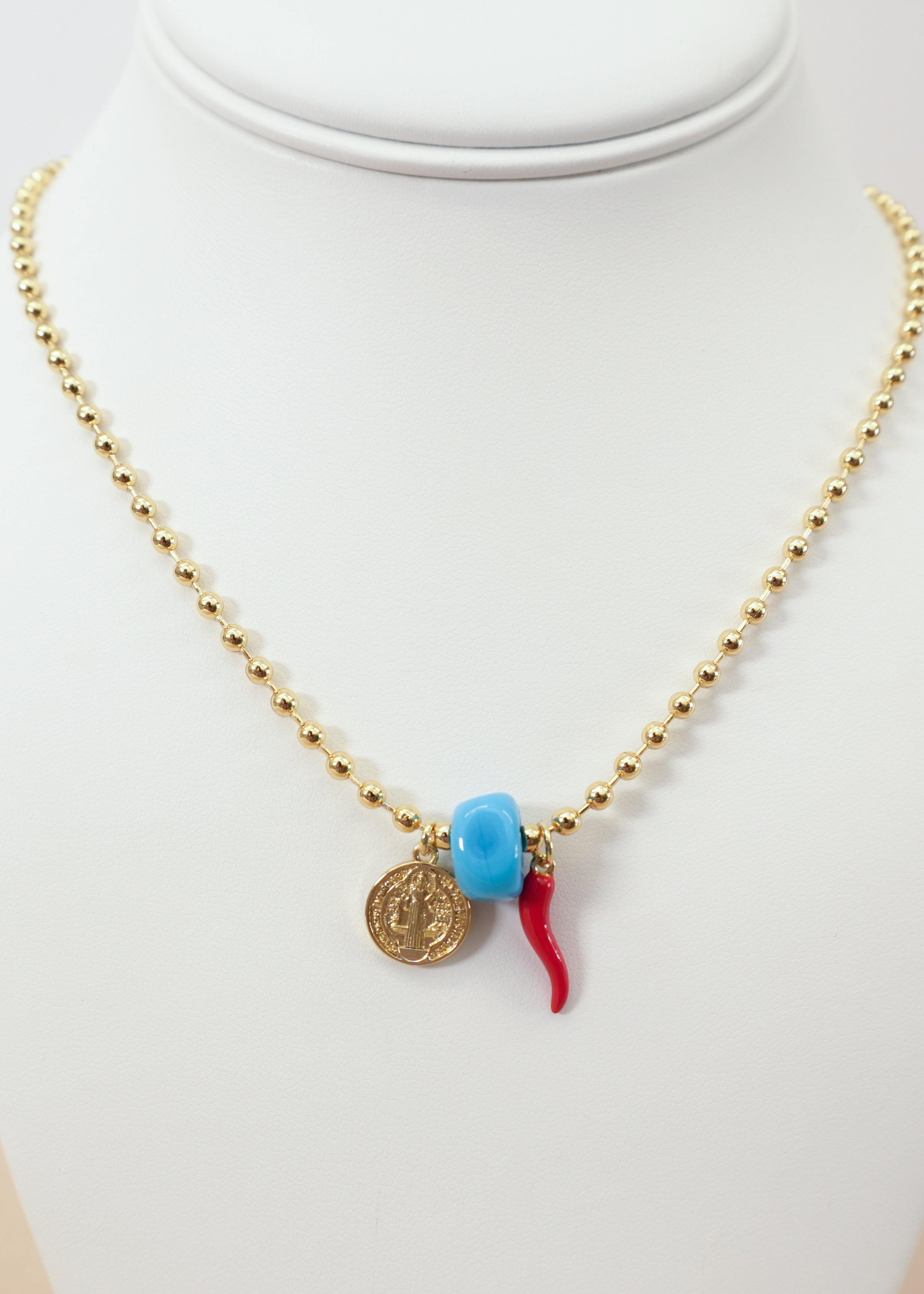 St. Benedict, Red & Blue Protection Charms Necklace