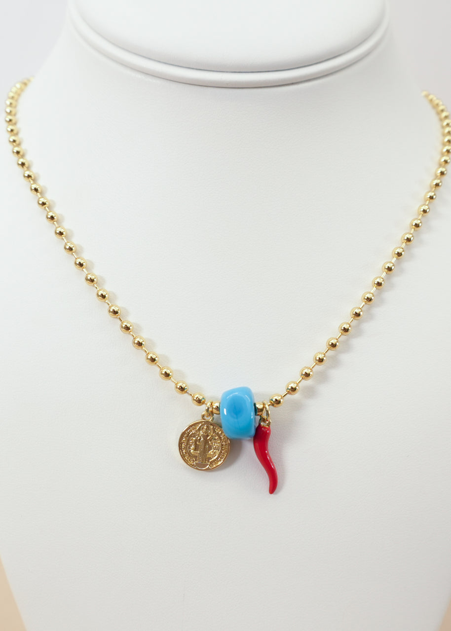St. Benedict, Red & Blue Protection Charms Necklace