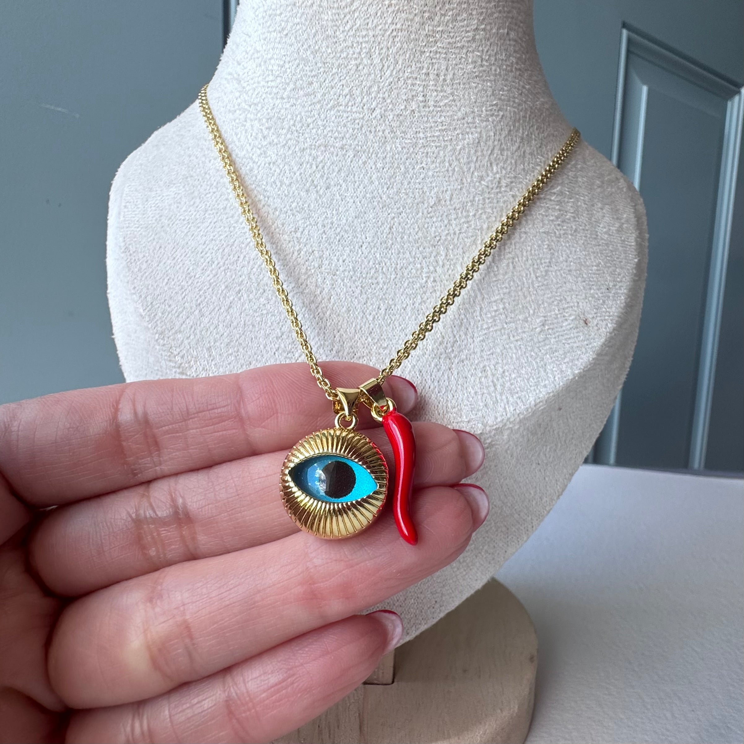 Big Evil Eye Red Horn Chinese Fabric Chain Necklace