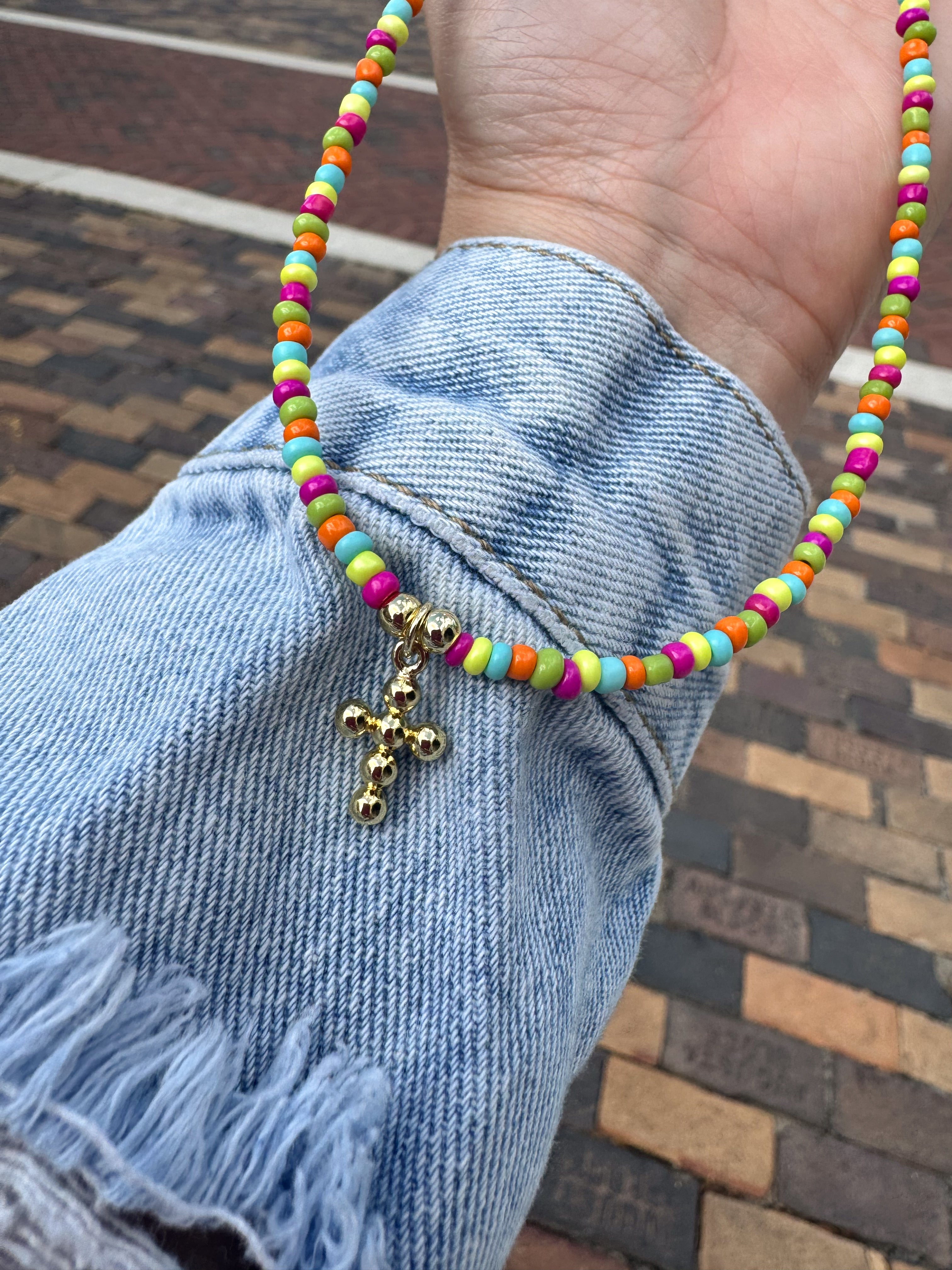 Multicolor Beads Heart & Cross Necklace