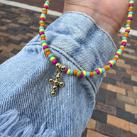 Multicolor Beads Heart & Cross Necklace