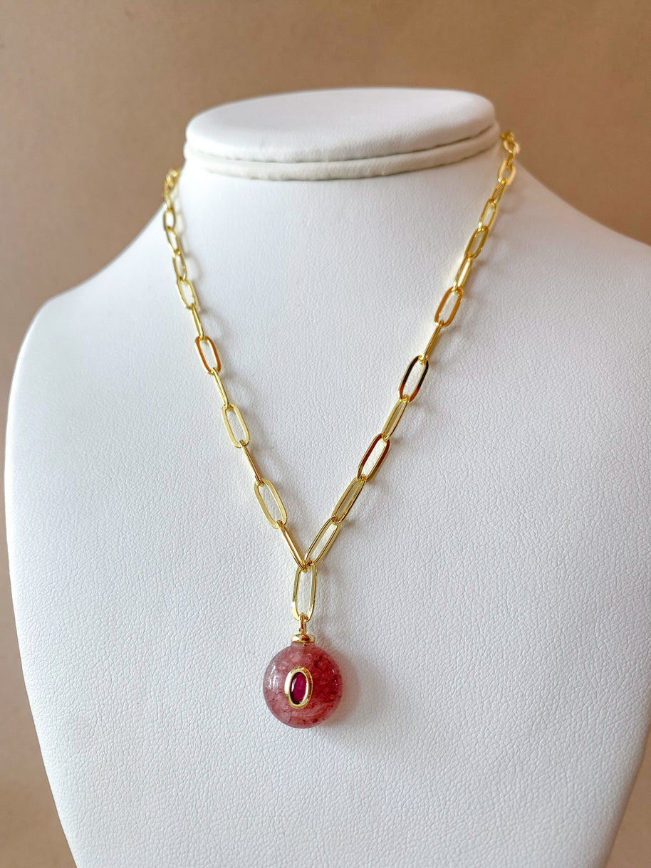 Pink and Yellow Quartz Stones Papers Clip Style Necklace