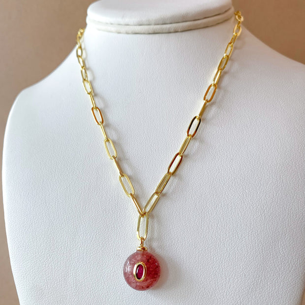 Pink and Yellow Quartz Stones Papers Clip Style Necklace