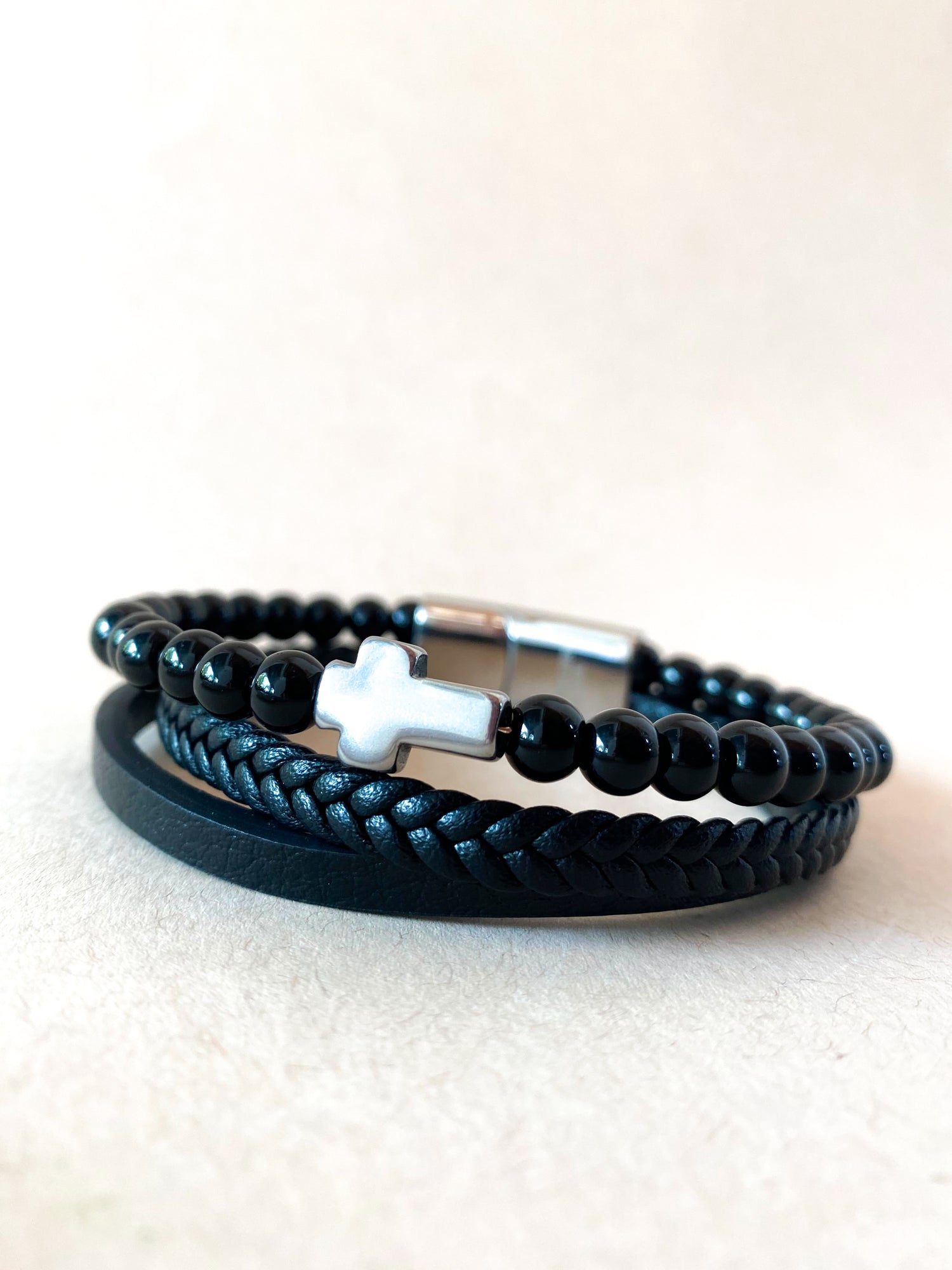 3 Layers Black Leather and Silver Cross Men Steel Bracelet