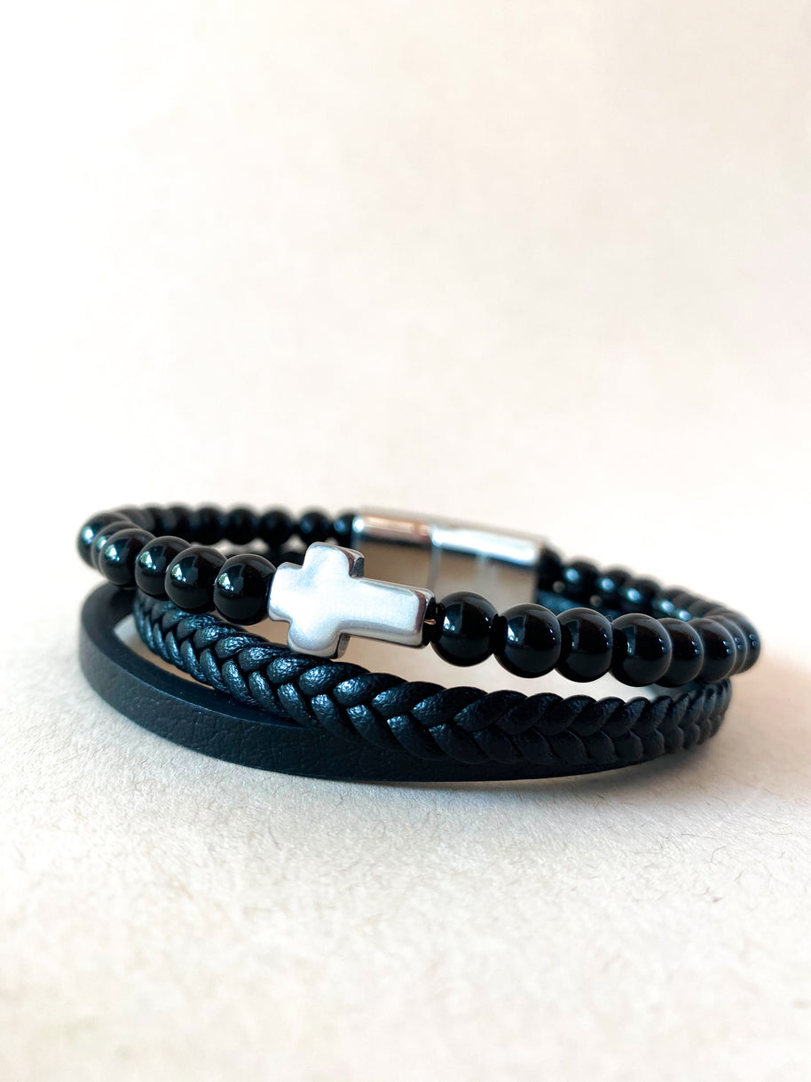 3 Layers Black Leather and Silver Cross Men Steel Bracelet