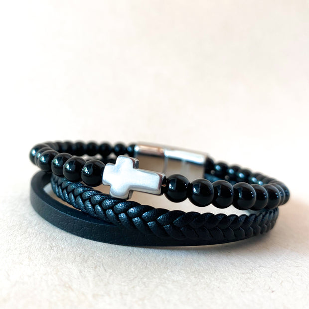 3 Layers Black Leather and Silver Cross Men Steel Bracelet