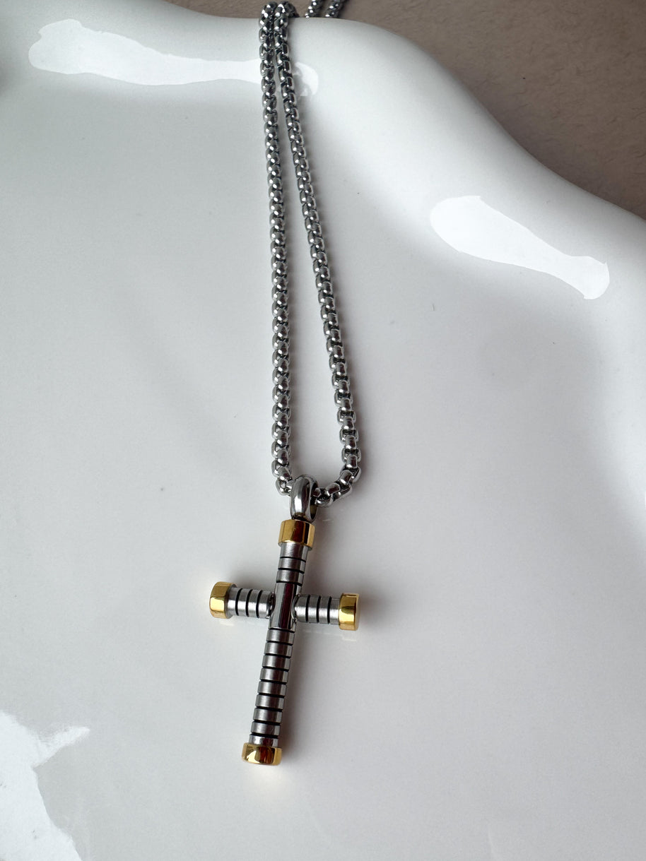 Silver & Gold Cross Men Necklace