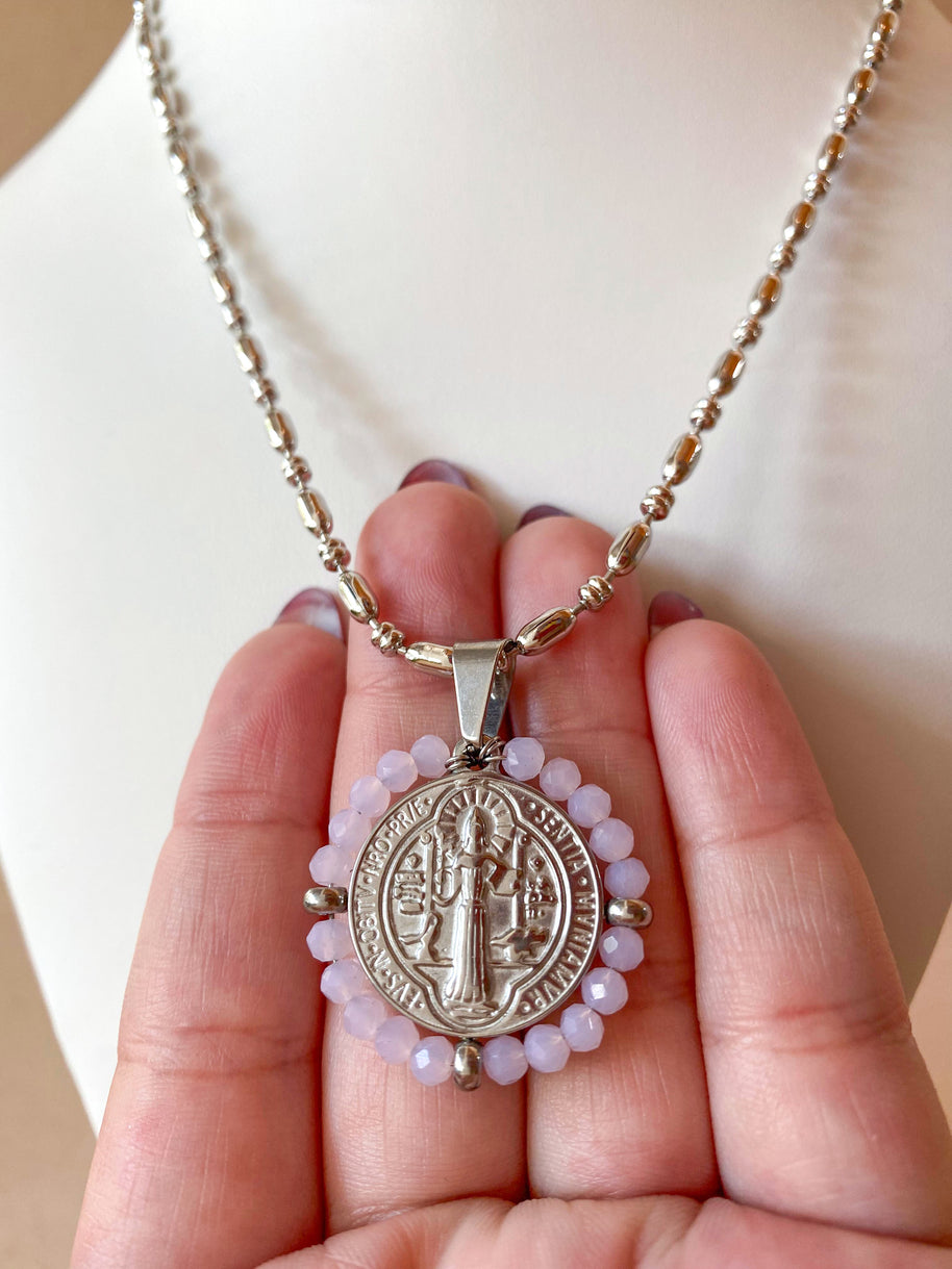 Silver St. Benedict Crystal Medal Necklaces