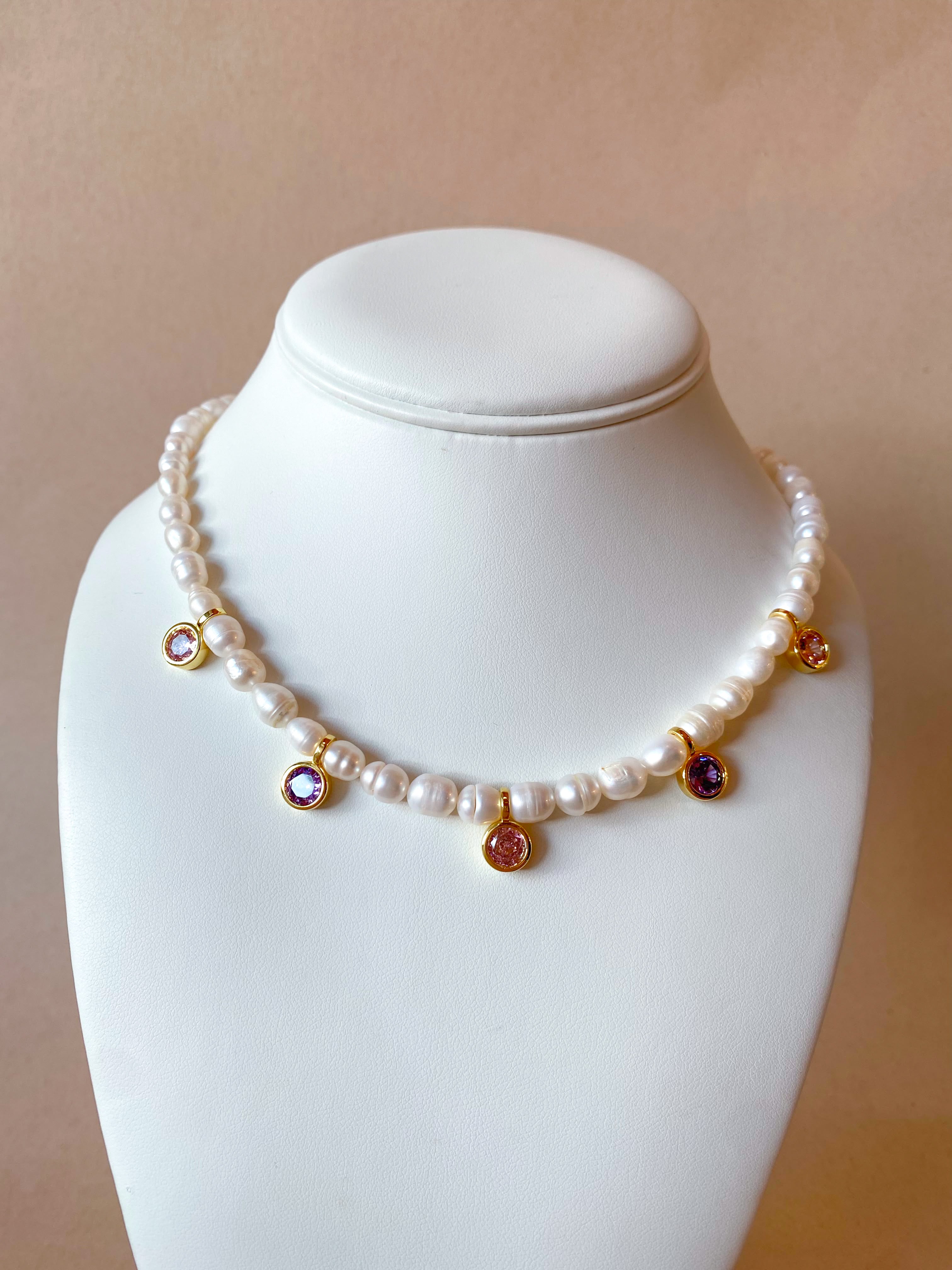 Pearls, Purple and Pink Crystals Necklace