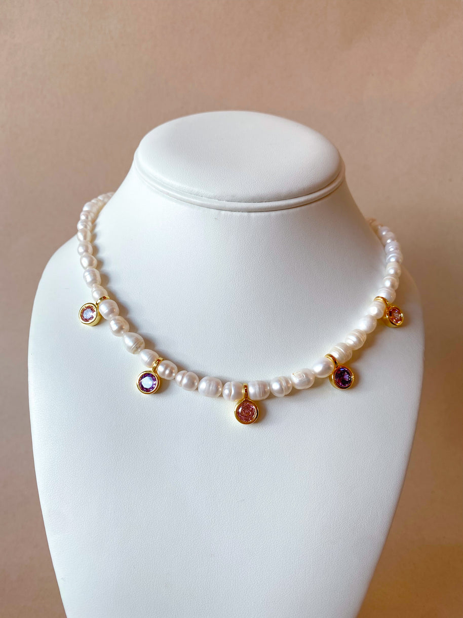 Pearls, Purple and Pink Crystals Necklace