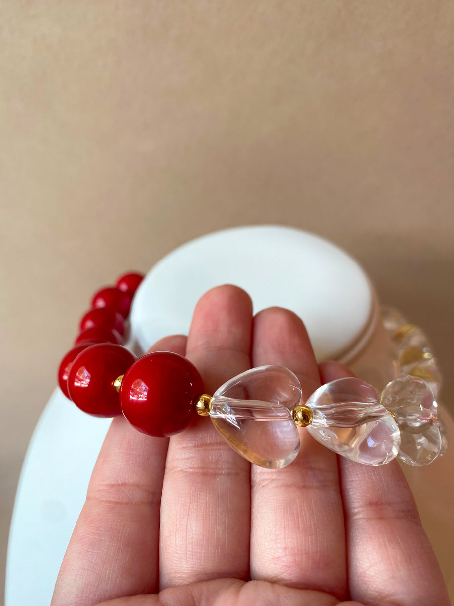 Red & Clear Ceramic Balls and Hearts Pattern Necklace