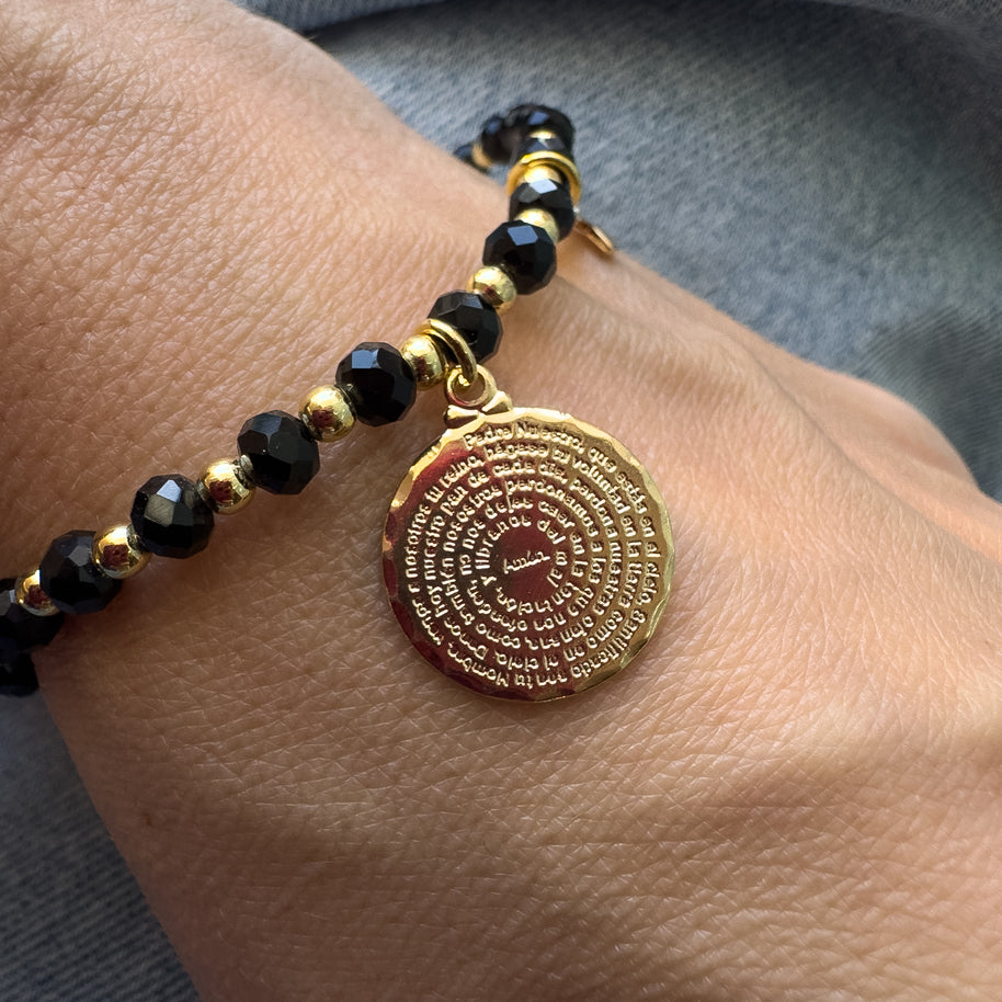 Our Father and Cross Elastic Black Bracelet