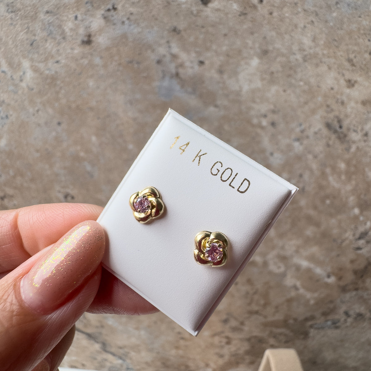 Pink Crystals and Flower Topitos 14K Solid Gold Earrings
