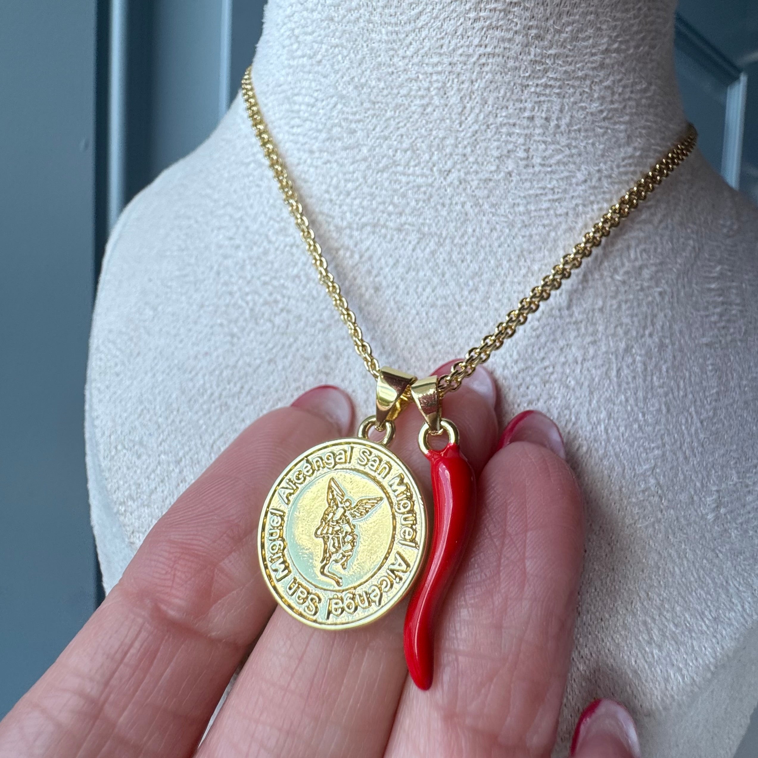 St Miguel Arcangel Medal and Red Horn Chinese Fabric Chain Necklace