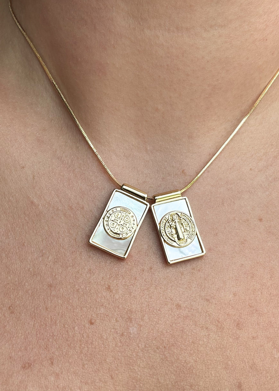 St Benedict Medal Scapular Mother of Pearl Adjustable Necklace