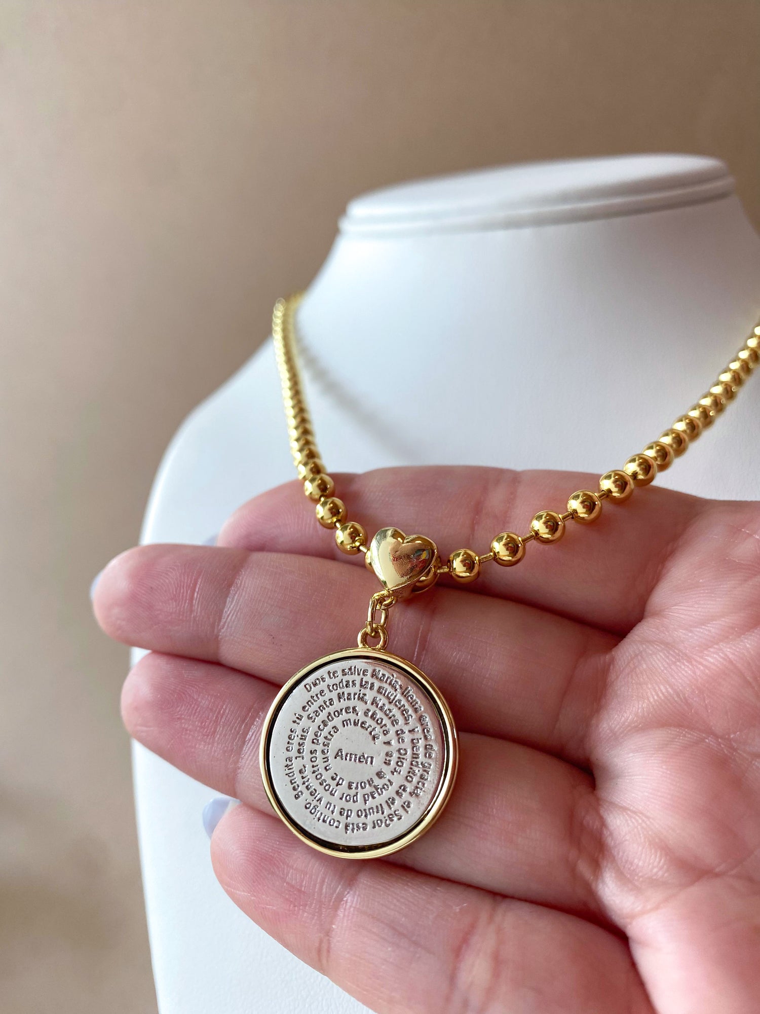 Our Father Silver and Gold Medal Heart Necklace