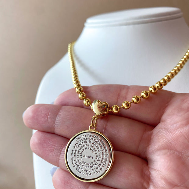 "Hail Mary" Silver and Gold Prayer Medal Heart Necklace
