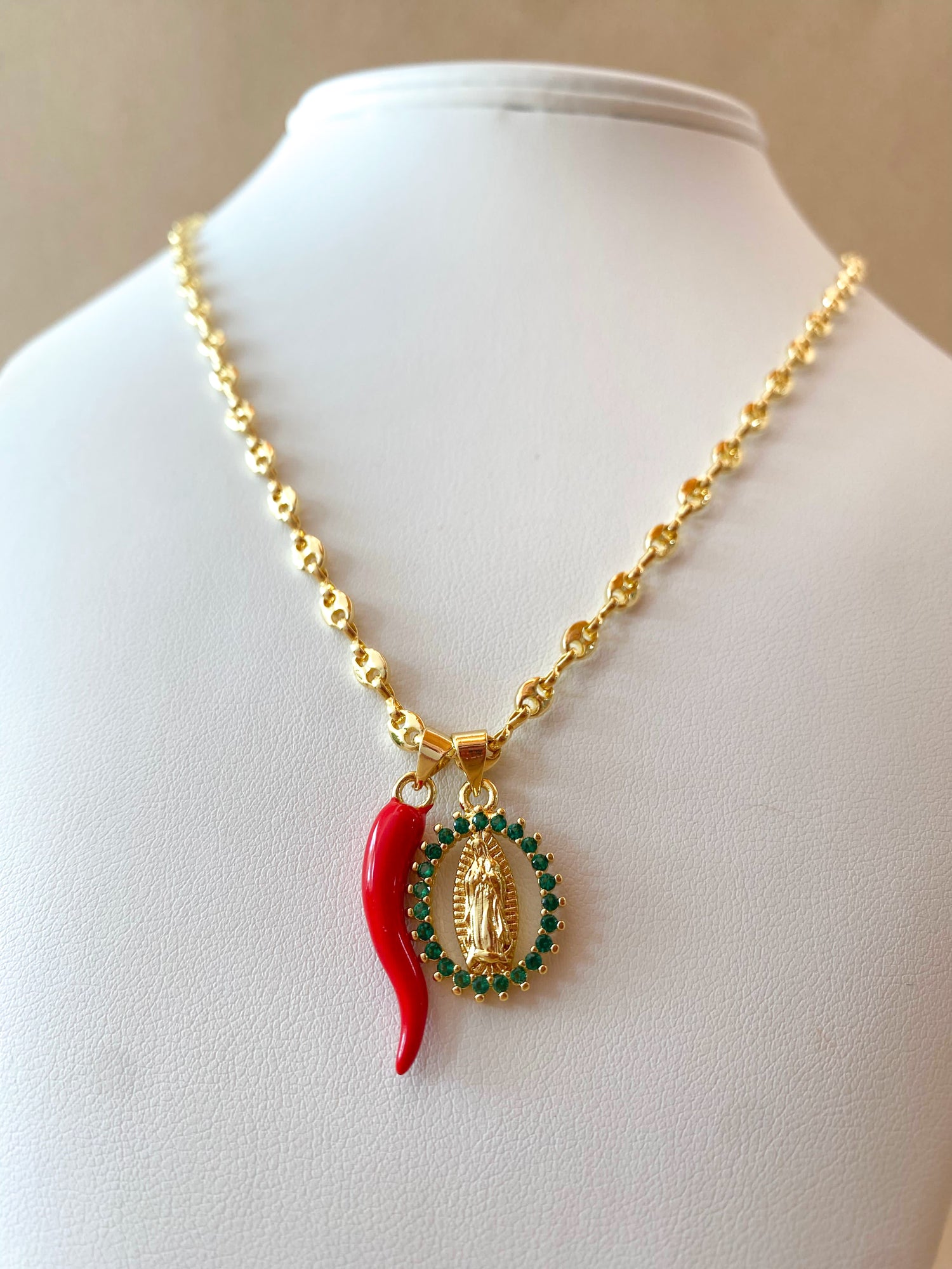 Green Crystals Guadalupe Virgin & Red Horn in Little Coffee Grain Necklace