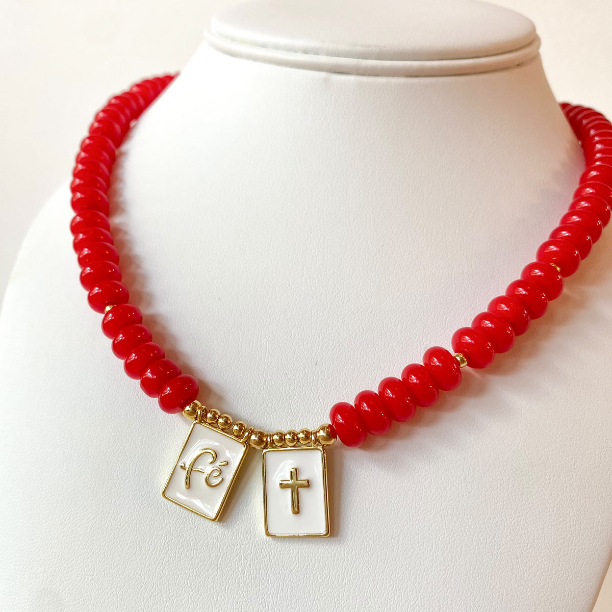 Red Morganite Faith and Cross Scapular Necklace