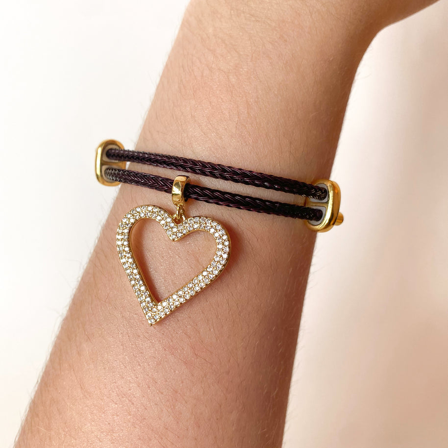 Dark Brown Cord with Shiny Heart Adjustable Bracelet