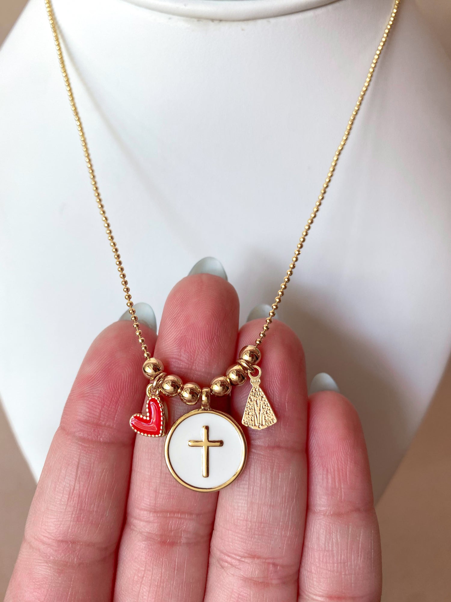 Red Heart, Cross and Virgin of the Valley Adjustable Necklace