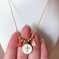 Red Heart, Cross and Virgin of the Valley Adjustable Necklace