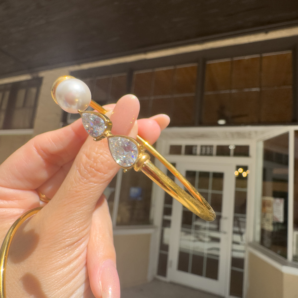 Golden Zircon Drop and Pearl Style Steel Bracelet