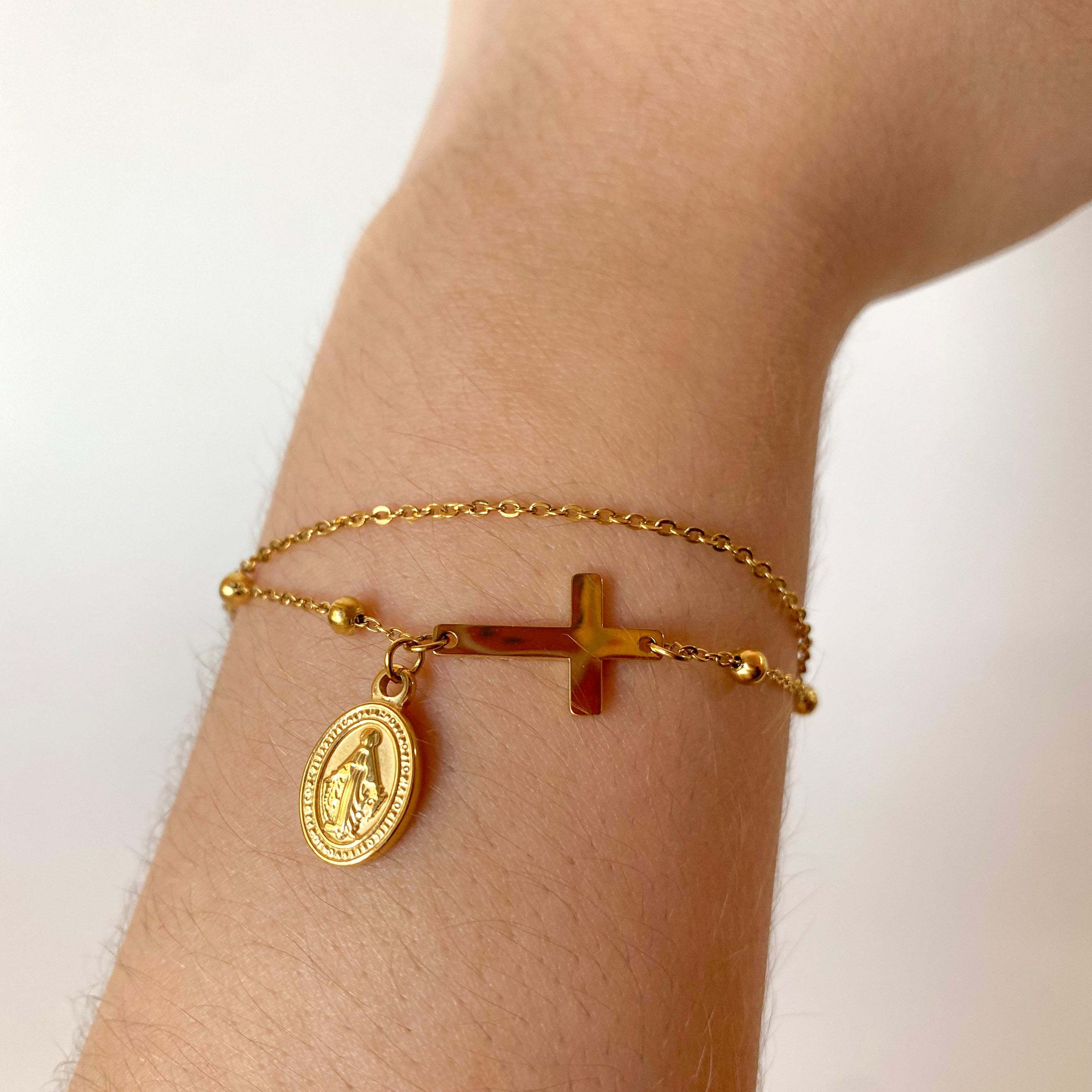 Golden Steel Double Chain Miracle Virgin Rosary Bracelet