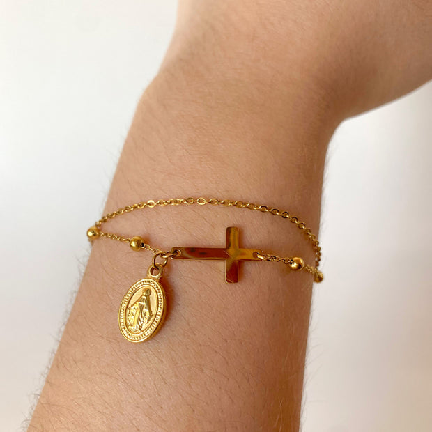 Golden Steel Double Chain Miracle Virgin Rosary Bracelet