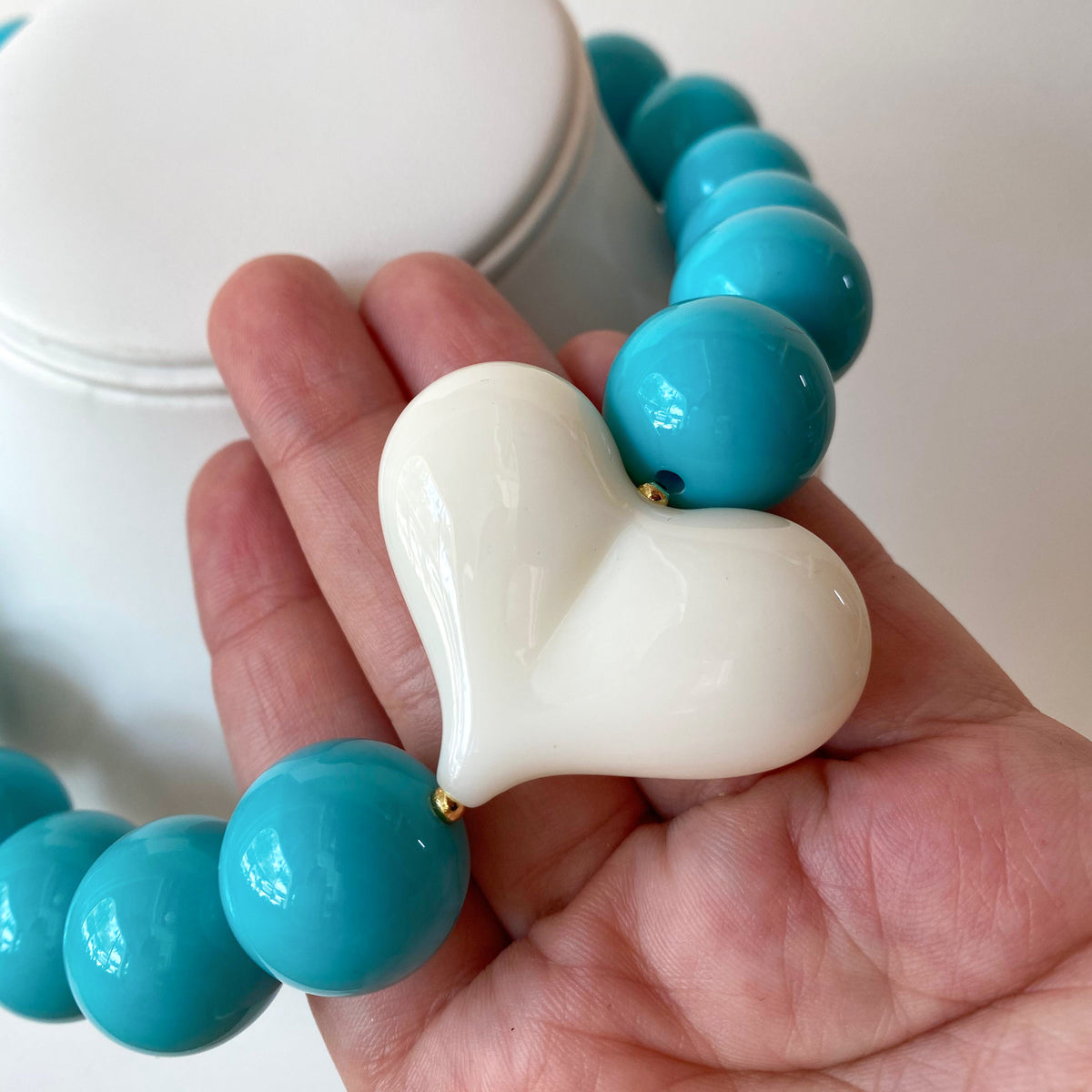 Acrylic Turquoise Gumball Bead with White Heart Necklace