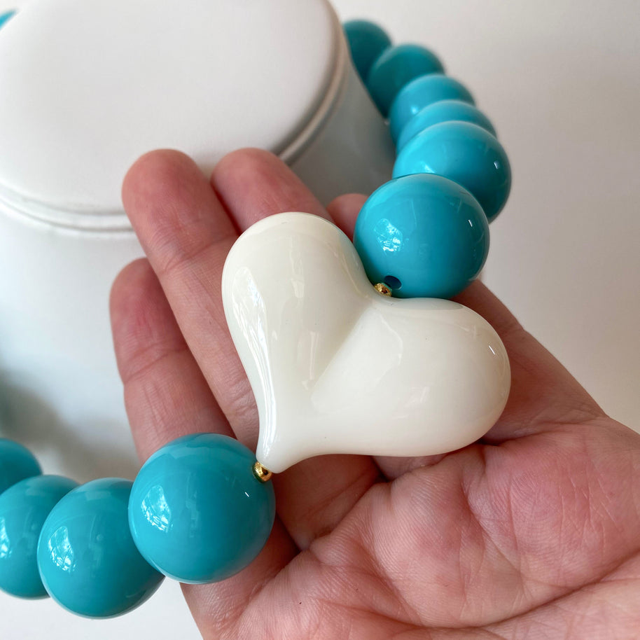 Acrylic Turquoise Gumball Bead with White Heart Necklace