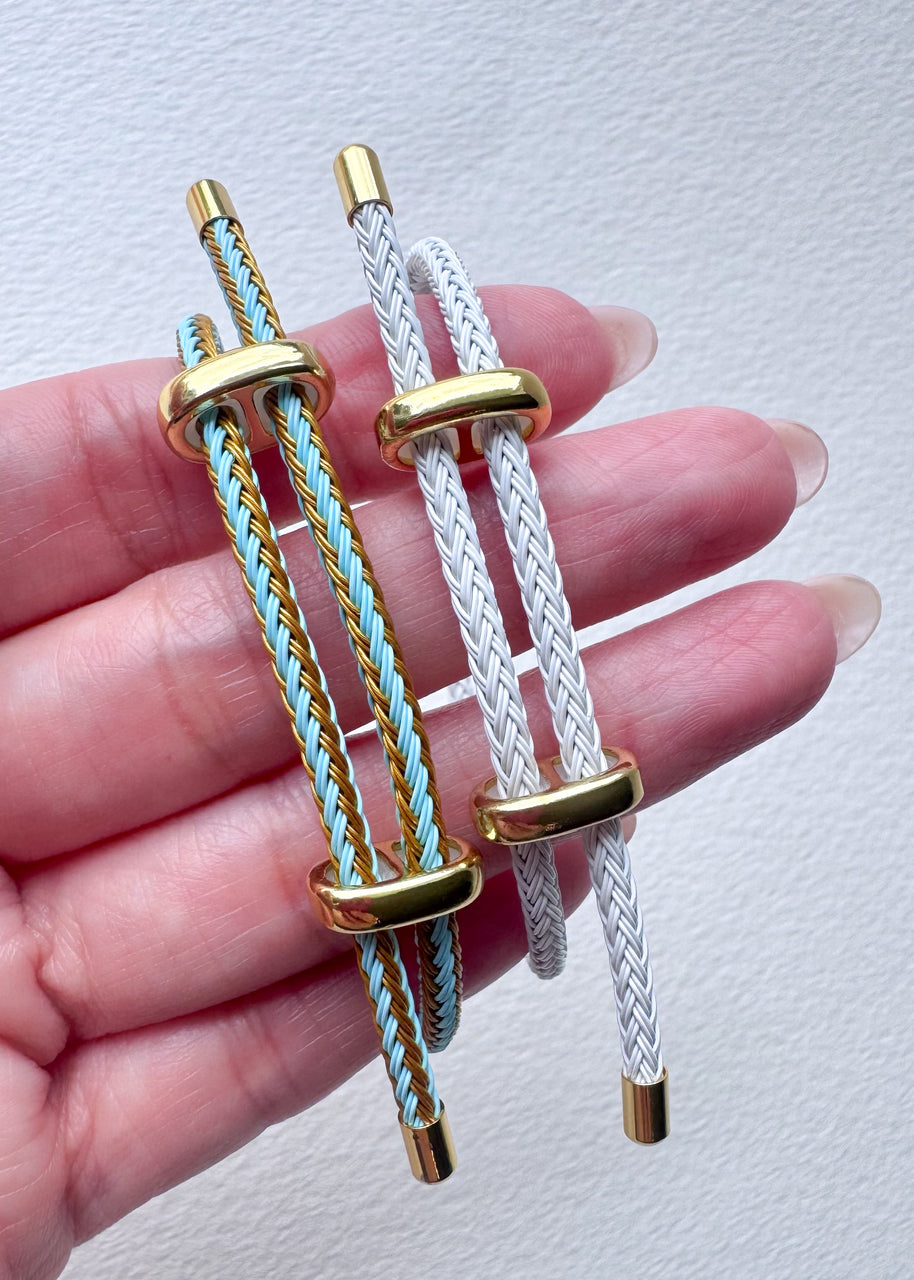 White, Blue and Gold 2 Styles of Leather Adjustable Bracelets