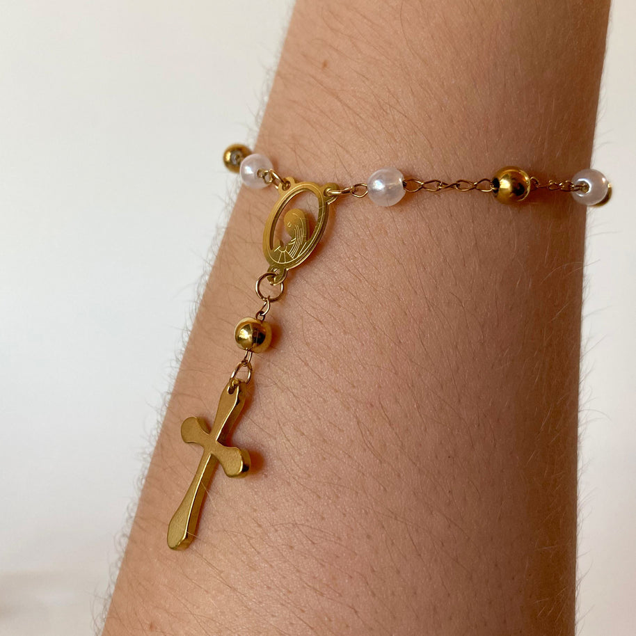 Golden Steel and Pearls Cross and Prayer Virgin Rosary Bracelet