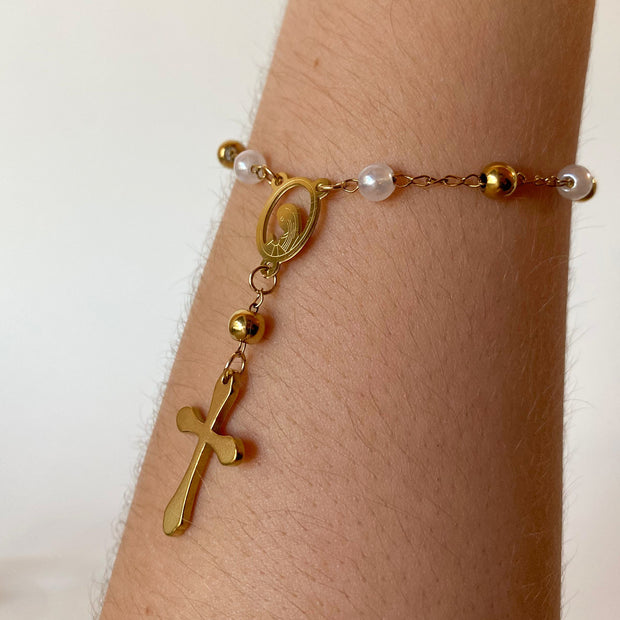 Golden Steel and Pearls Cross and Prayer Virgin Rosary Bracelet