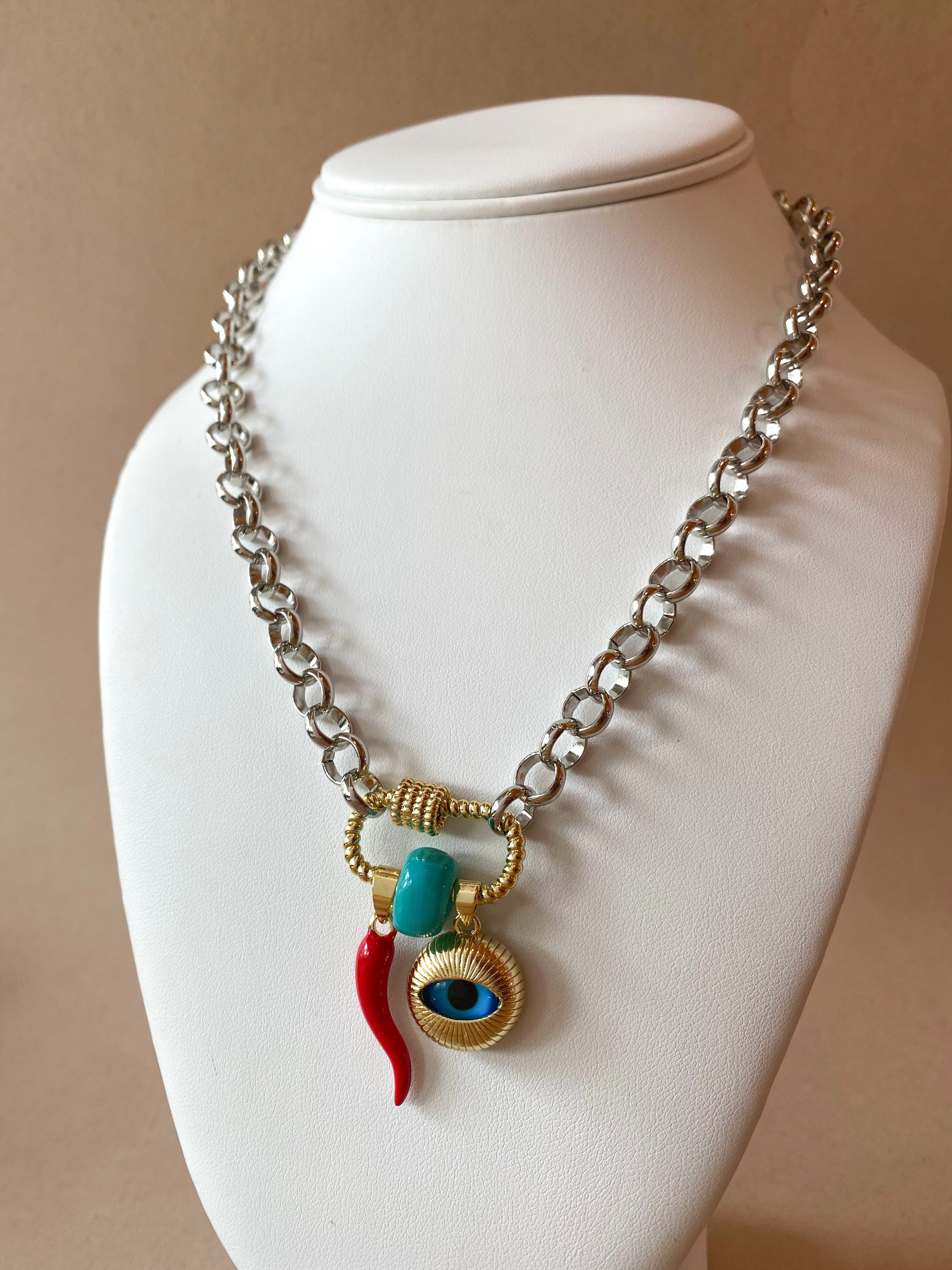 Silver and Gold Links Style Evil Eye, Horn and Turkish Stone Necklace
