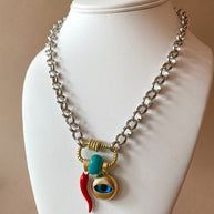 Silver and Gold Links Style Evil Eye, Horn and Turkish Stone Necklace