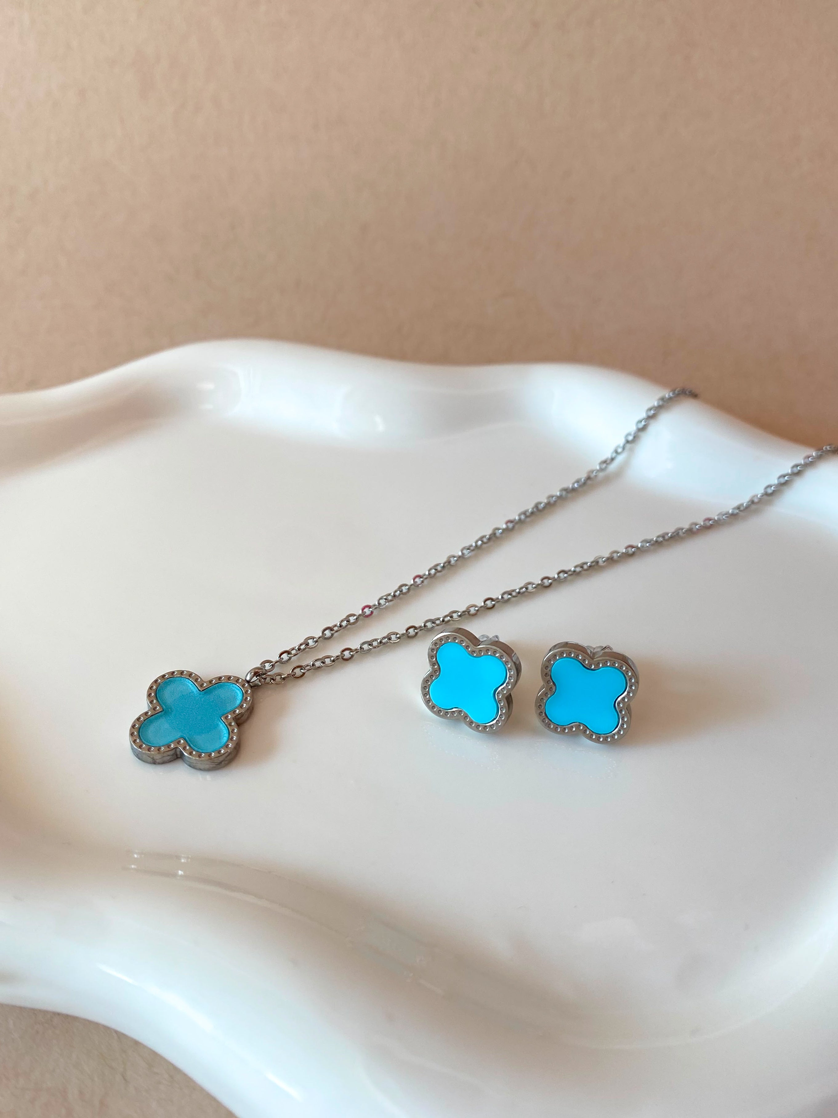 Silver Steel Blue Clover Necklace, Earrings or Set of Necklace and Earrings