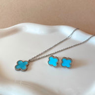 Silver Steel Blue Clover Necklace, Earrings or Set of Necklace and Earrings