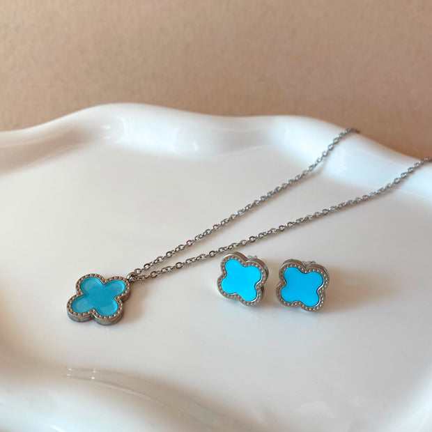 Silver Steel Blue Clover Necklace, Earrings or Set of Necklace and Earrings