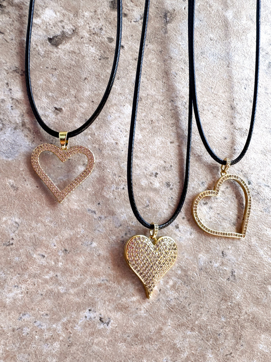 Shiny Hearts Black Leather Necklace