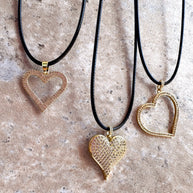 Shiny Hearts Black Leather Necklace