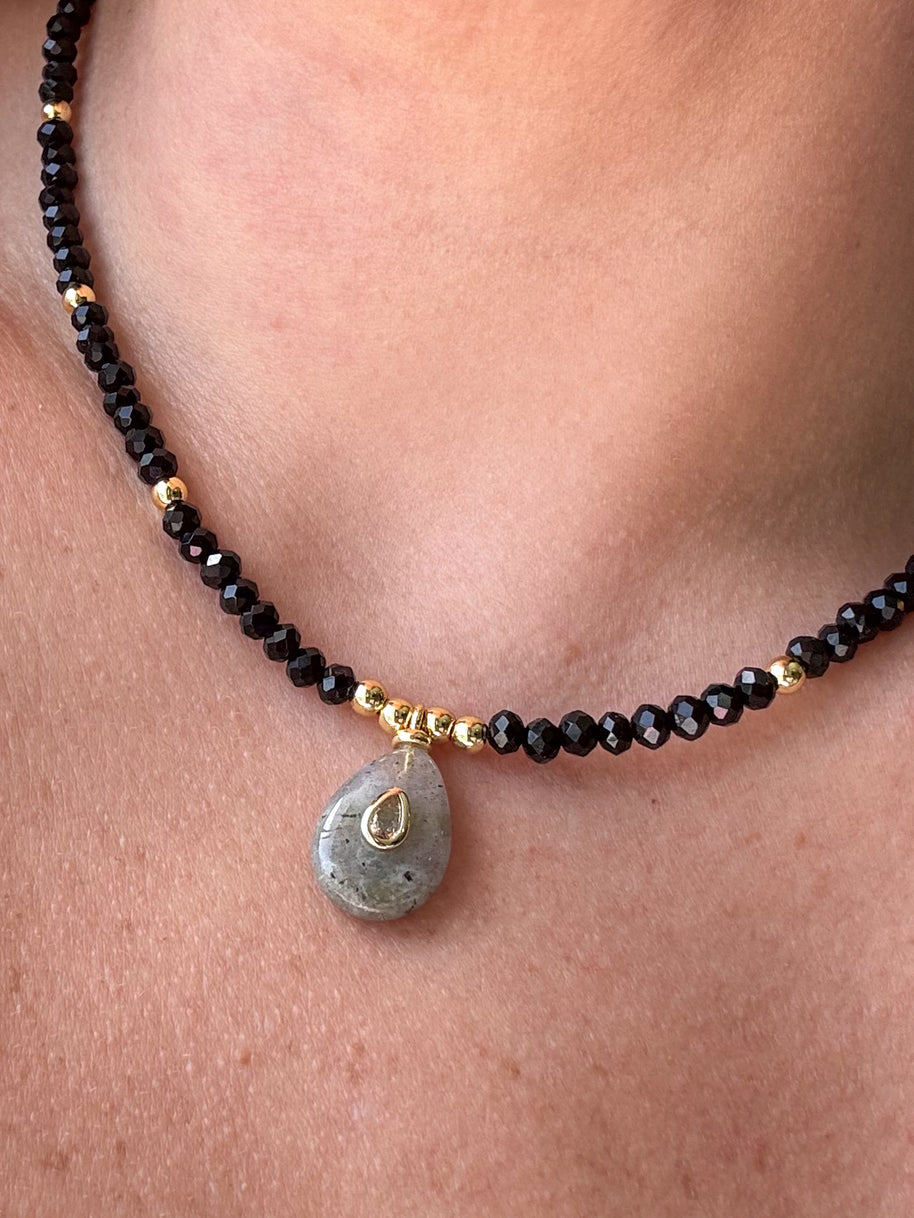 Gray Moonstone Charm in Black Crystal Necklace