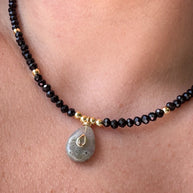Gray Moonstone Charm in Black Crystal Necklace